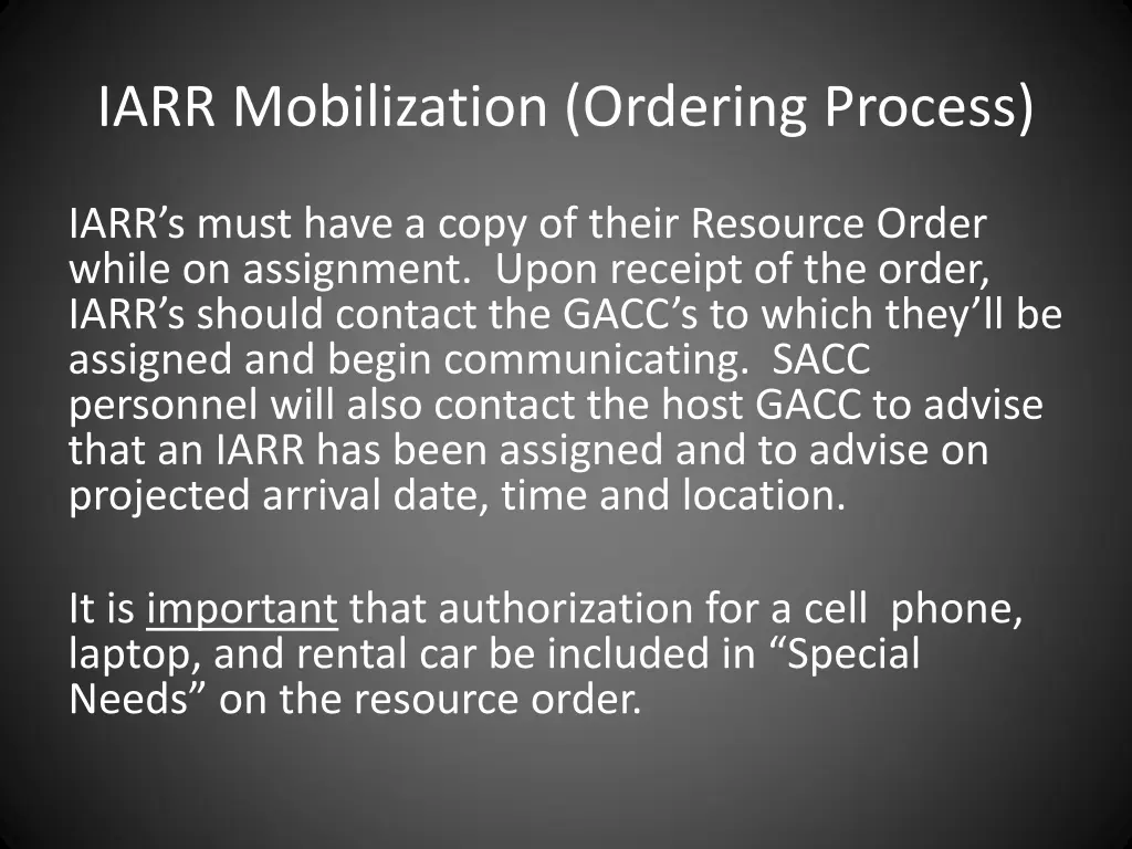iarr mobilization ordering process 1