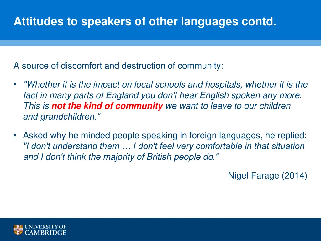 attitudes to speakers of other languages contd