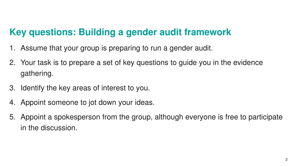 key questions building a gender audit framework