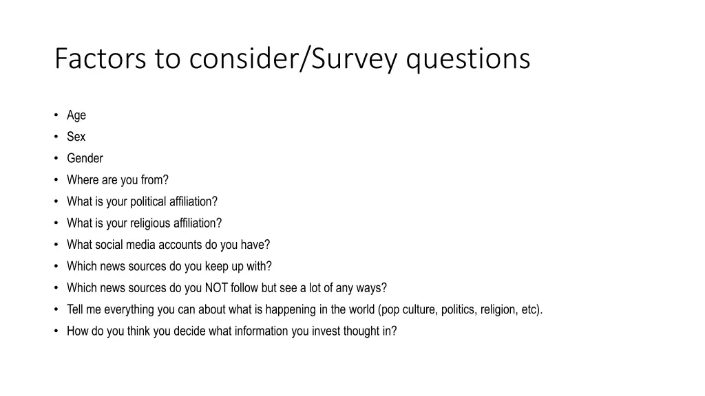 factors to consider survey questions