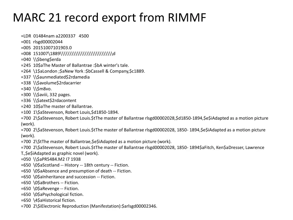 marc 21 record export from rimmf