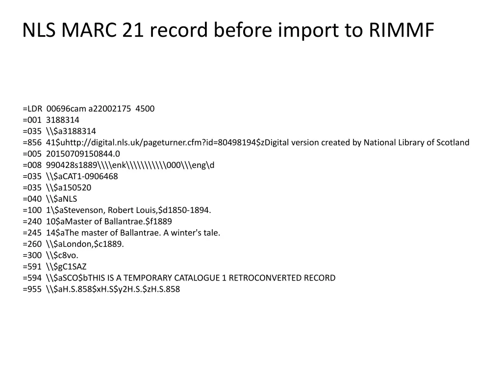 nls marc 21 record before import to rimmf