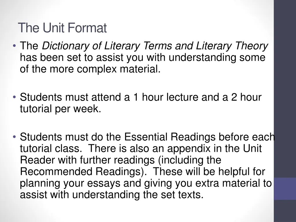 the unit format the dictionary of literary terms