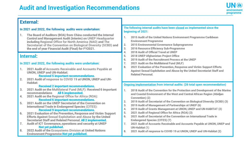 audit and investigation recommendations