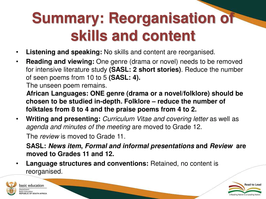 summary reorganisation of skills and content