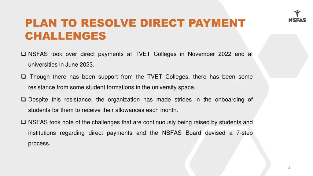 plan to resolve direct payment challenges