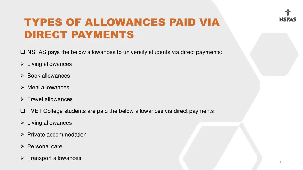 types of allowances paid via direct payments