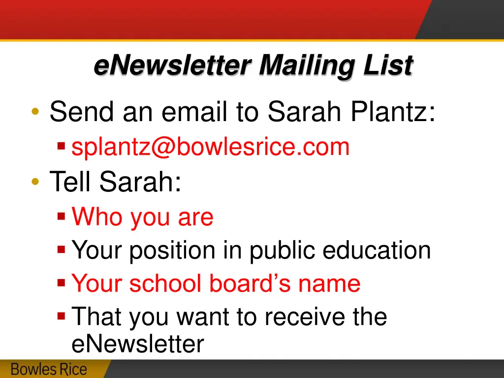 enewsletter mailing list send an email to sarah