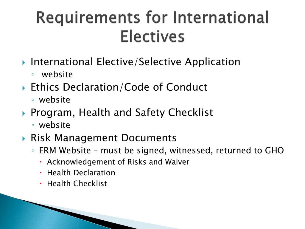 international elective selective application