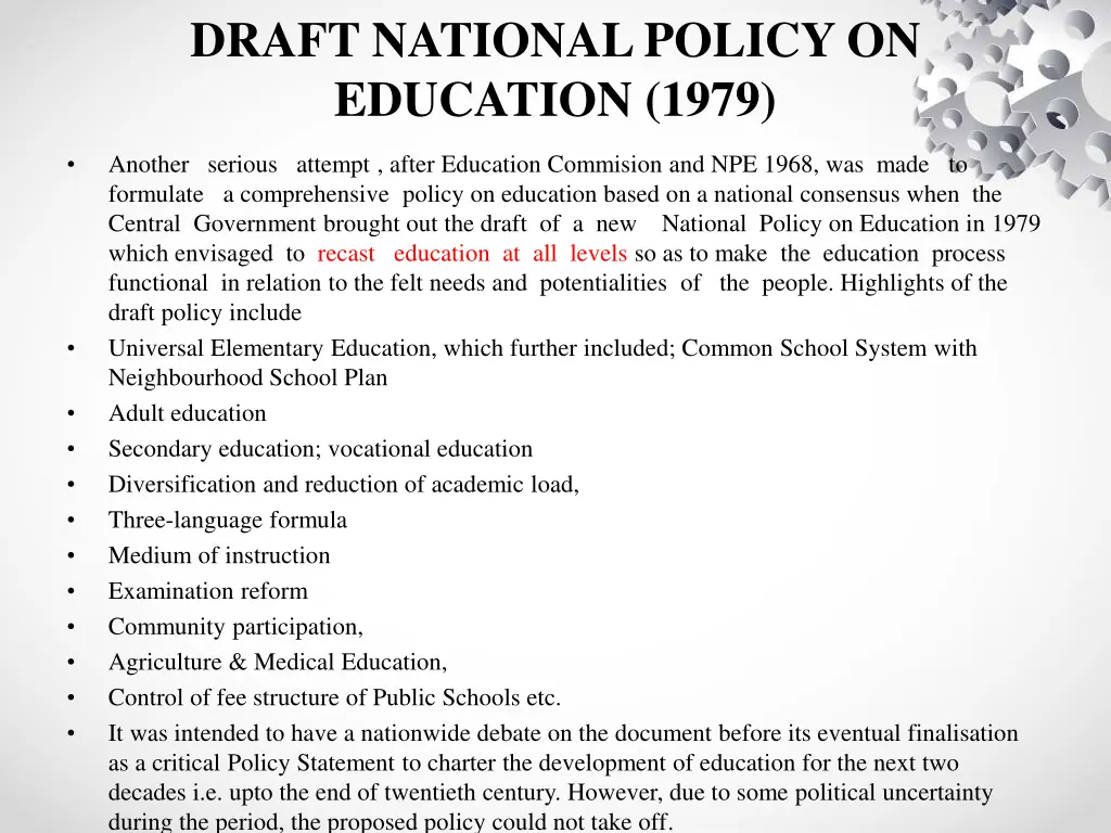 draft national policy on education 1979