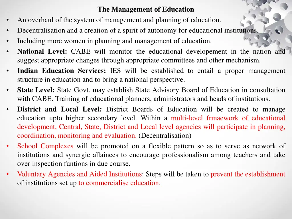 the management of education