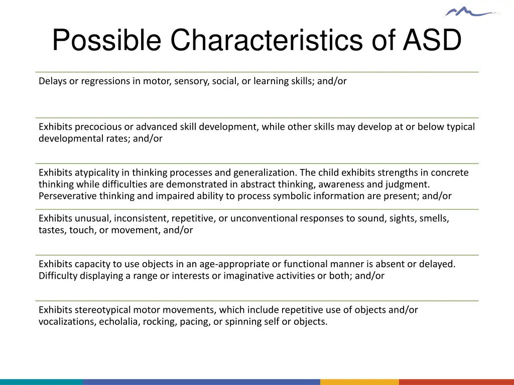possible characteristics of asd