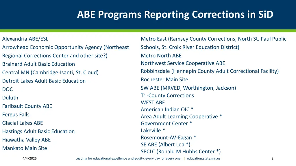 abe programs reporting corrections in sid