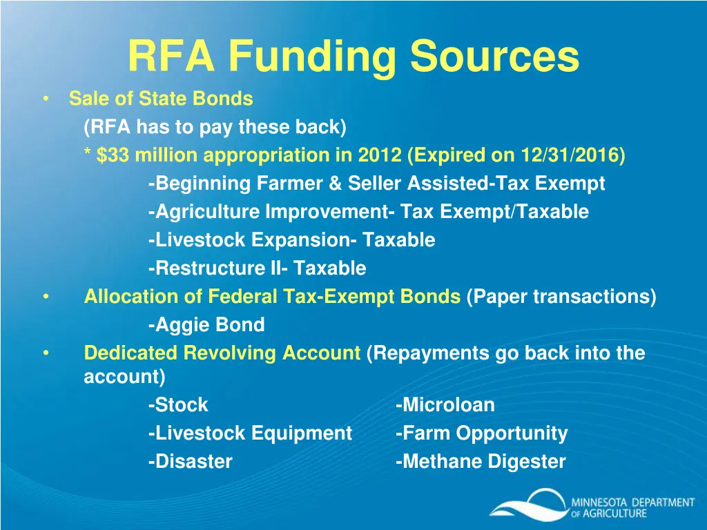 rfa funding sources sale of state bonds
