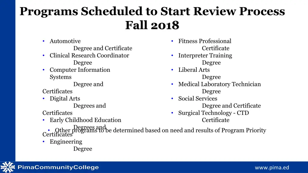 programs scheduled to start review process fall