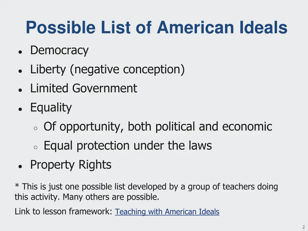 possible list of american ideals