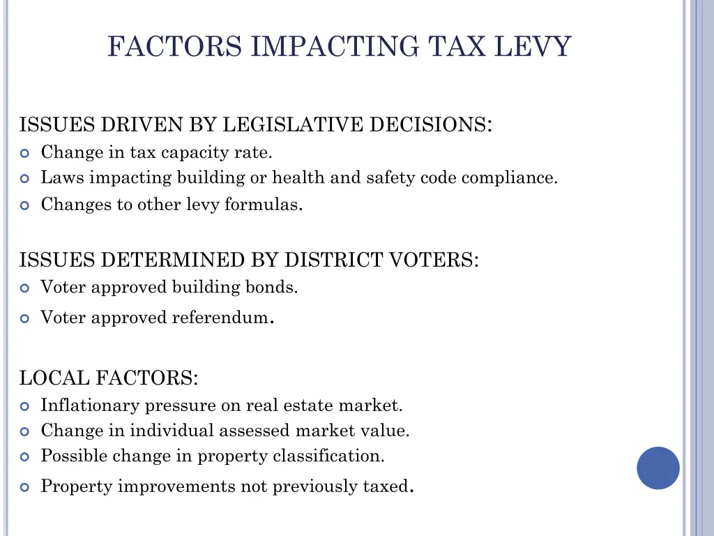 factors impacting tax levy