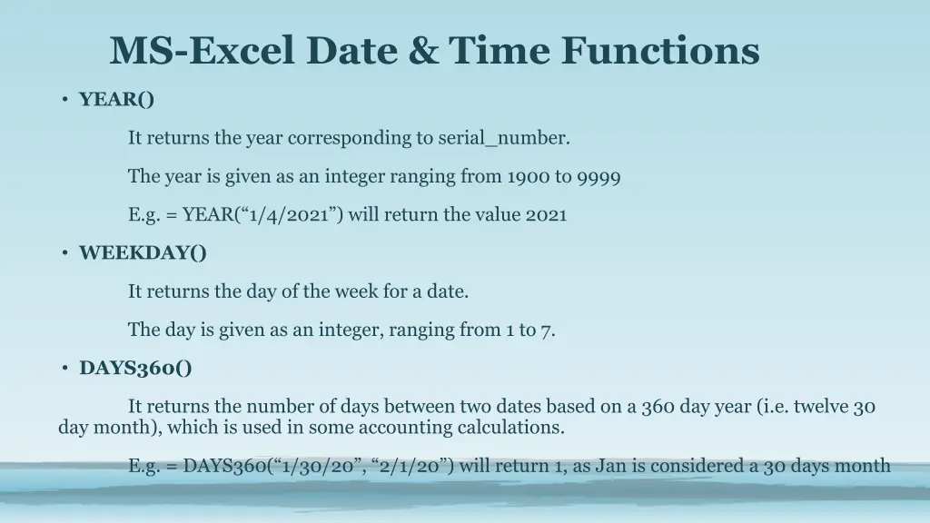 ms excel date time functions 2