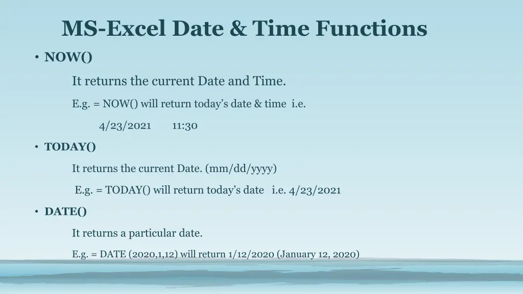 ms excel date time functions