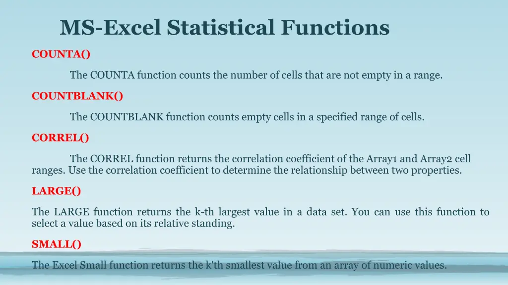 ms excel statistical functions