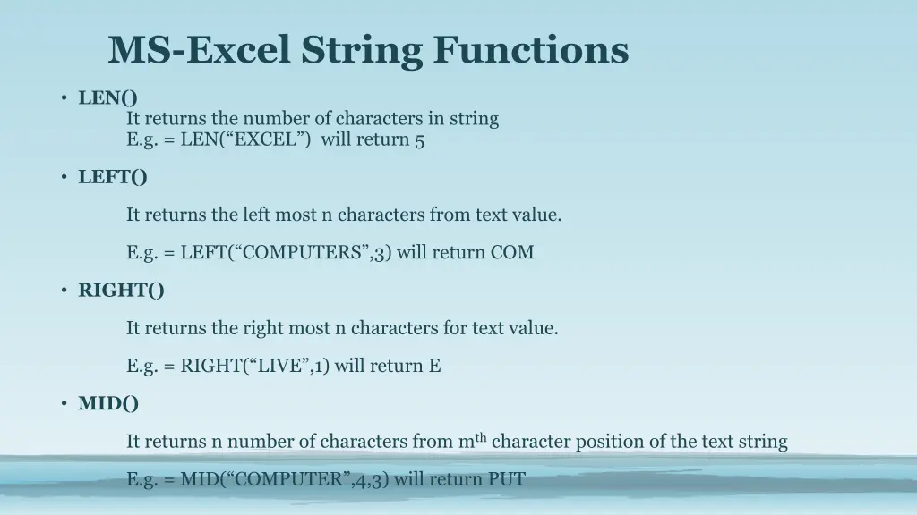 ms excel string functions