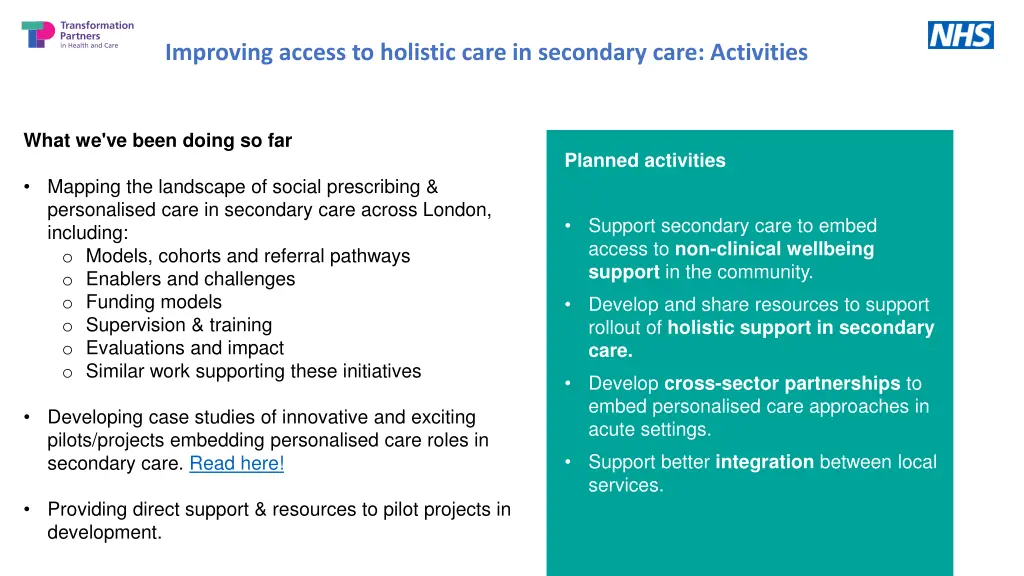 improving access to holistic care in secondary