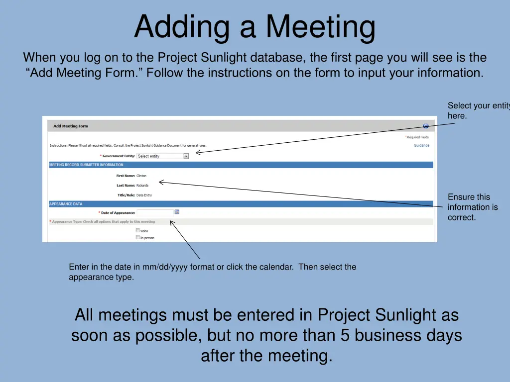 adding a meeting when you log on to the project