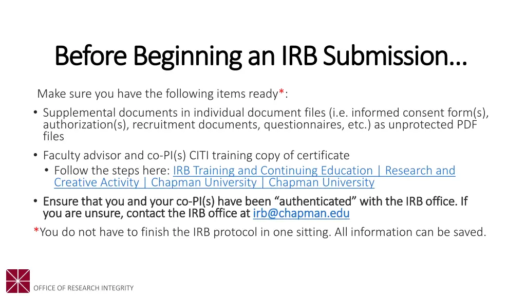 before beginning an irb submission before