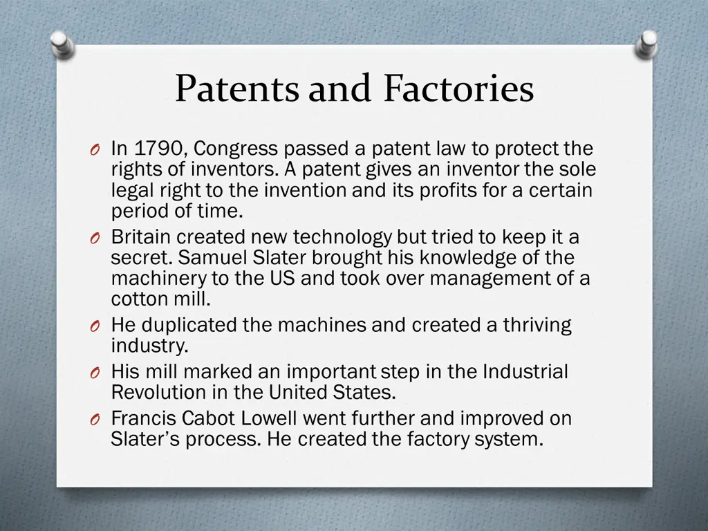 patents and factories