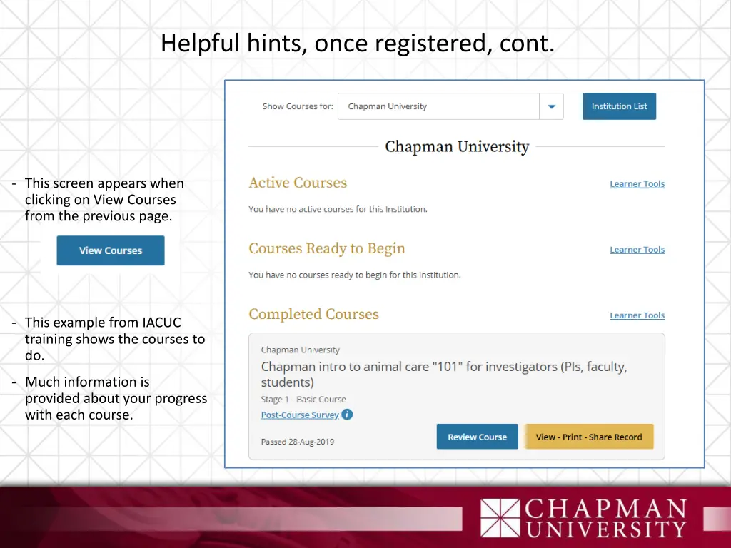 helpful hints once registered cont
