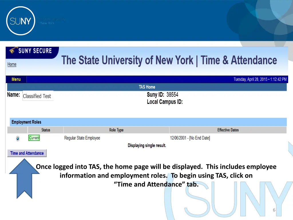 once logged into tas the home page will