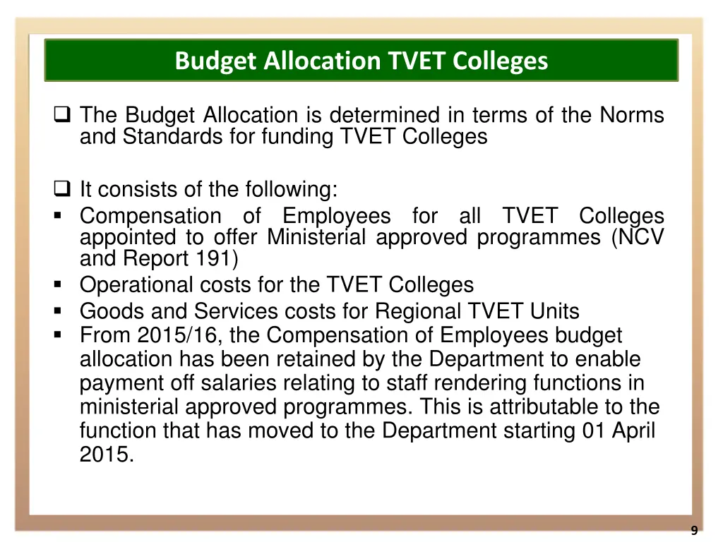 budget allocation tvet colleges