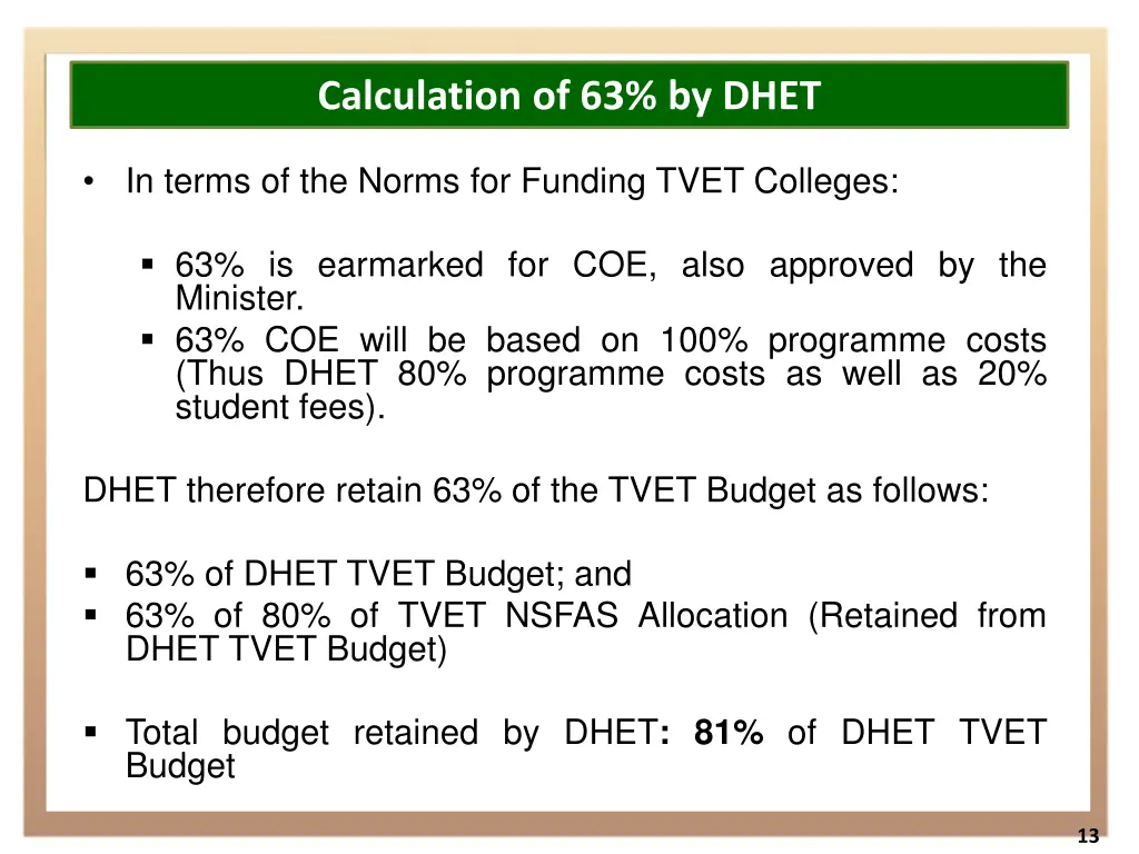 calculation of 63 by dhet