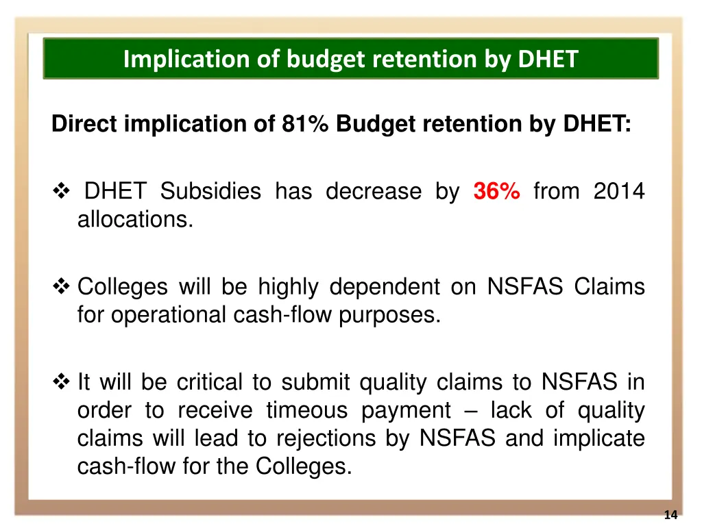 implication of budget retention by dhet