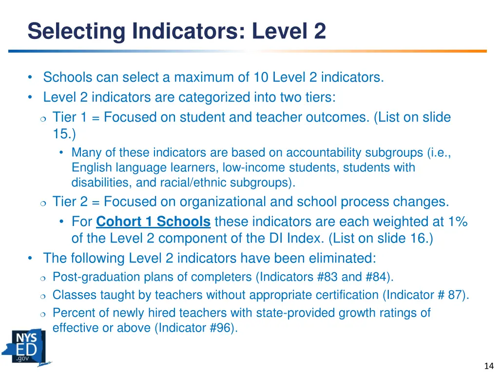 selecting indicators level 2