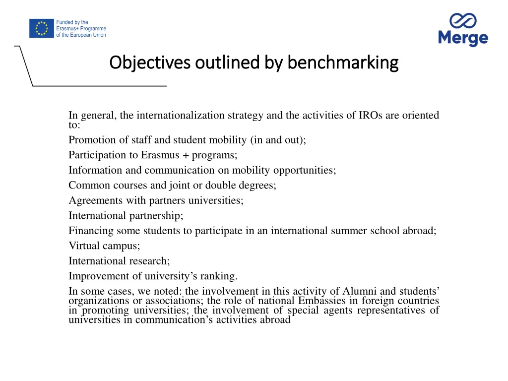 objectives outlined by benchmarking objectives