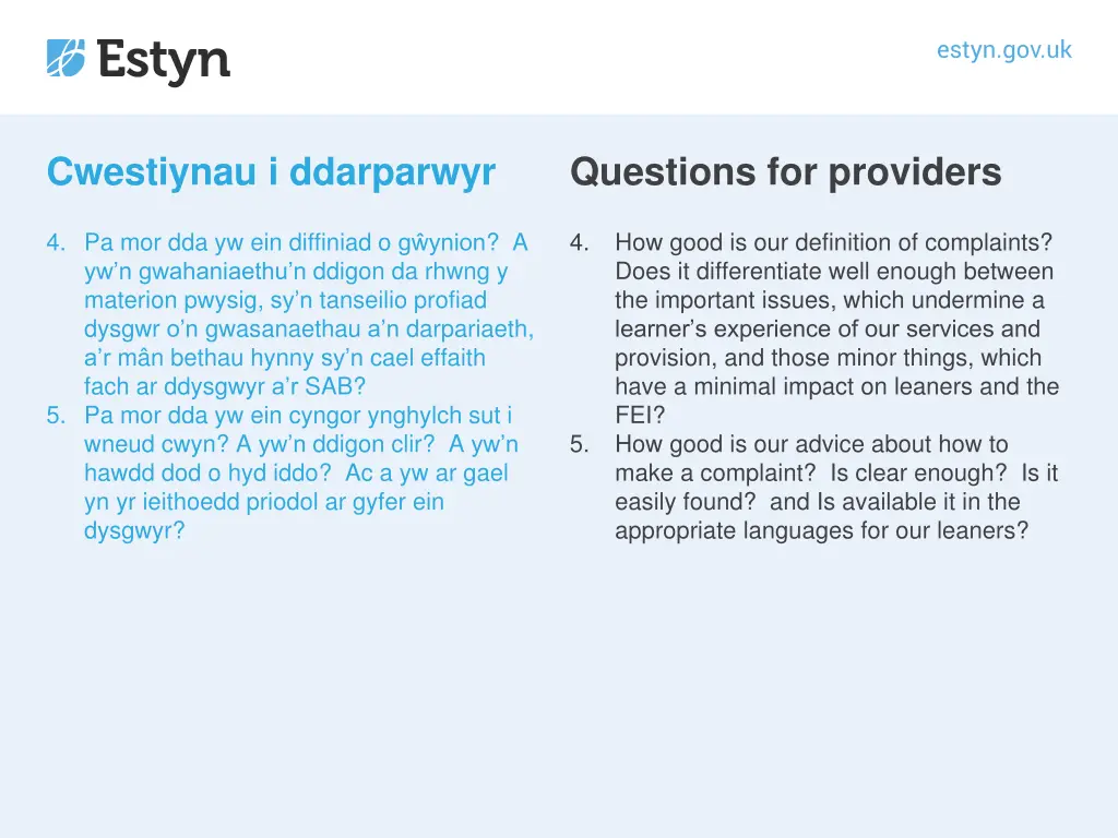 cwestiynau i ddarparwyr 1