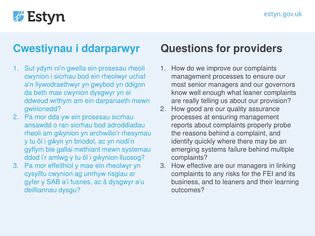 cwestiynau i ddarparwyr