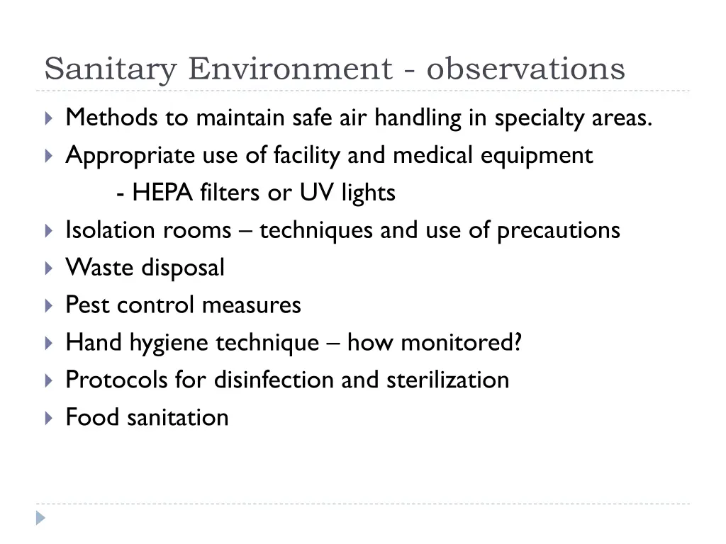 sanitary environment observations