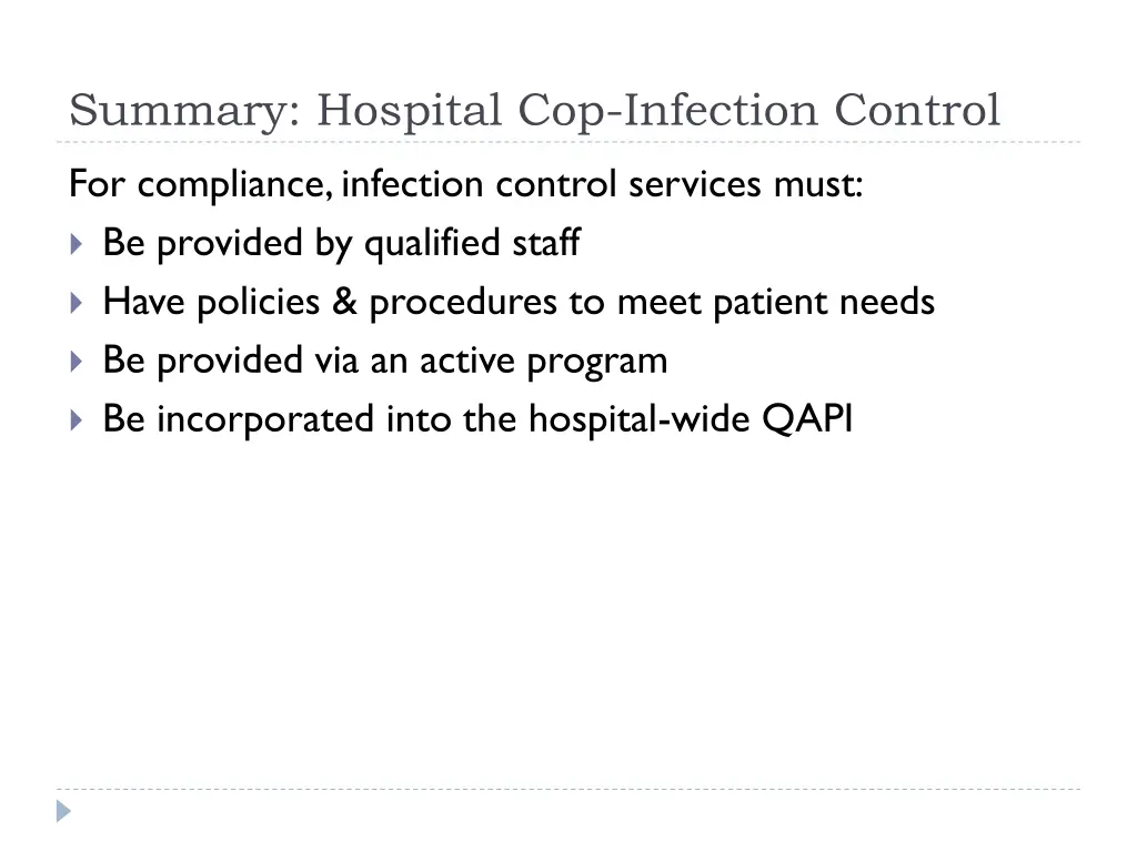 summary hospital cop infection control