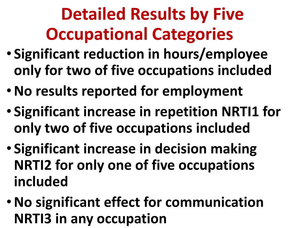 detailed results by five occupational categories