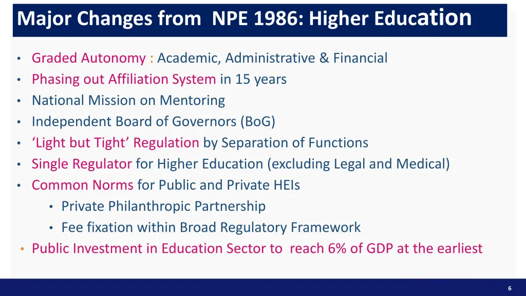 major changes from npe 1986 higher educ ation