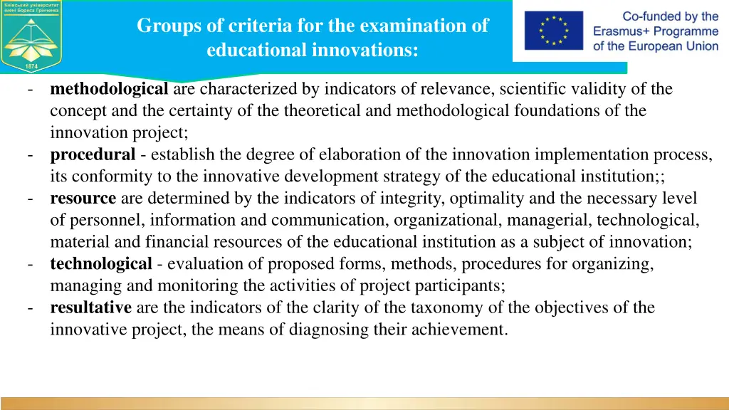 groups of criteria for the examination