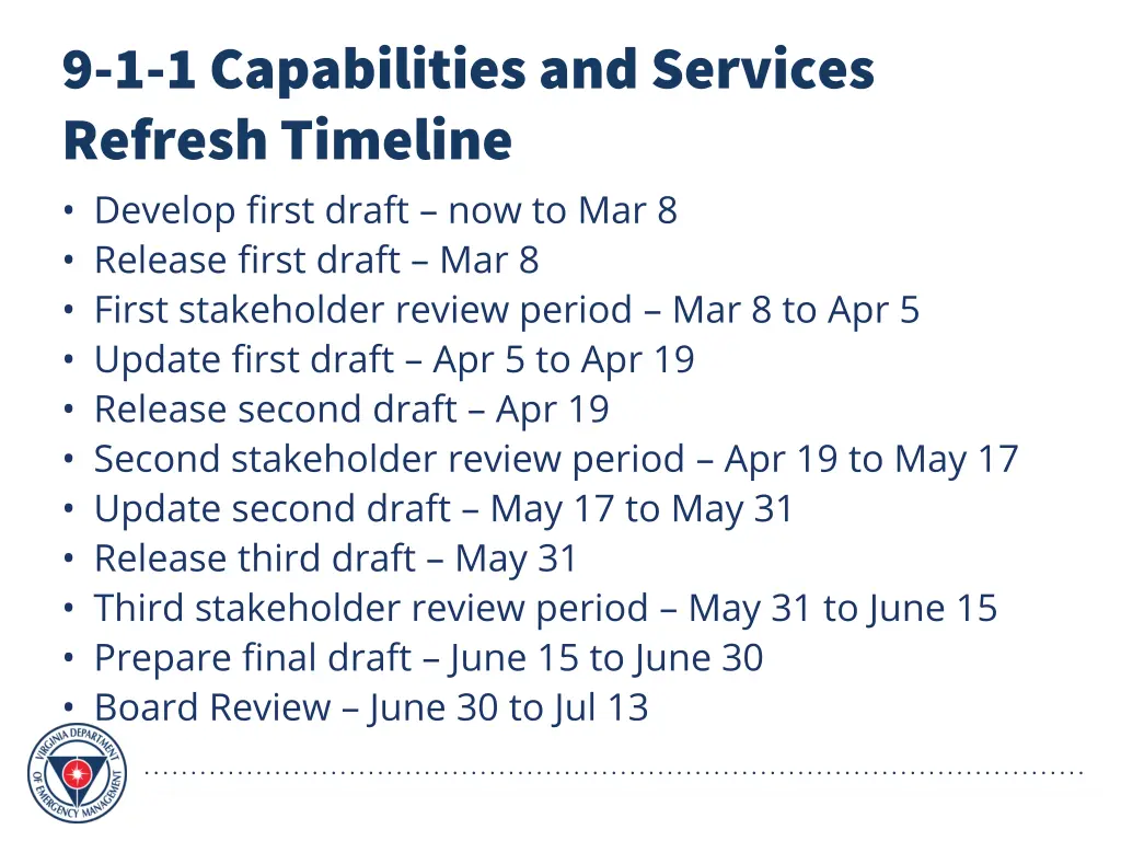 9 1 1 capabilities and services refresh timeline