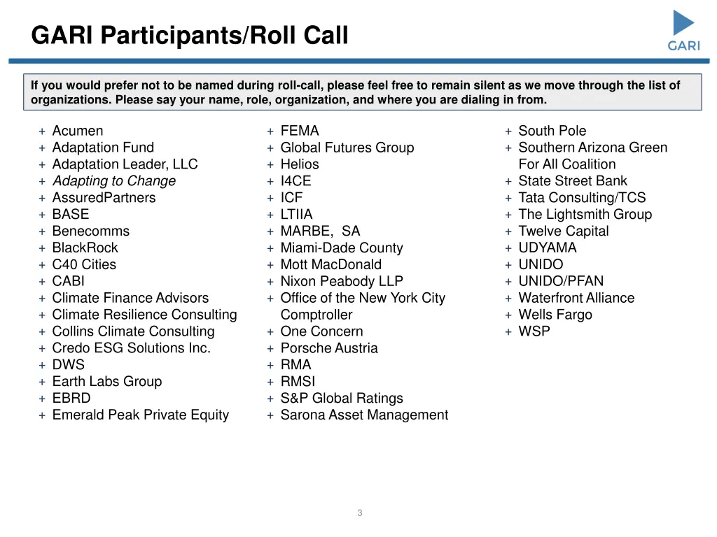 gari participants roll call