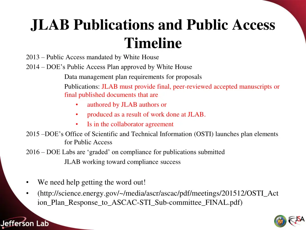 jlab publications and public access timeline 2013