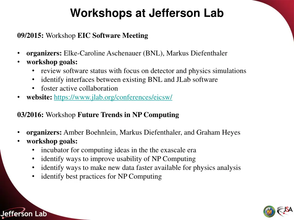 workshops at jefferson lab