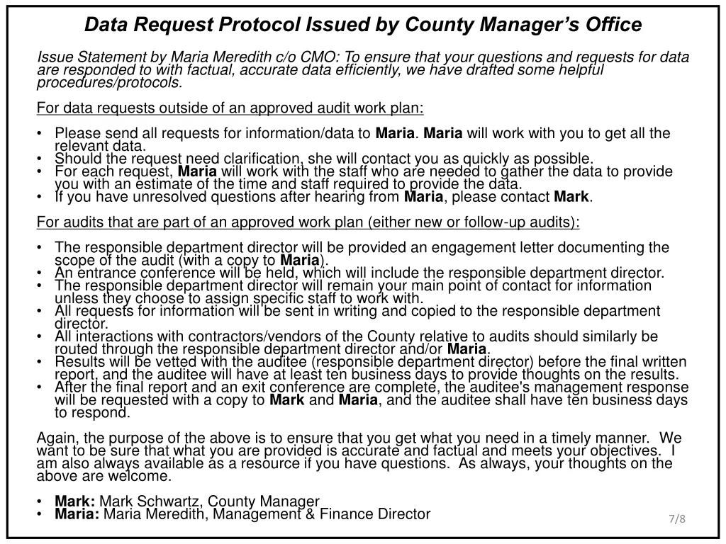 data request protocol issued by county manager