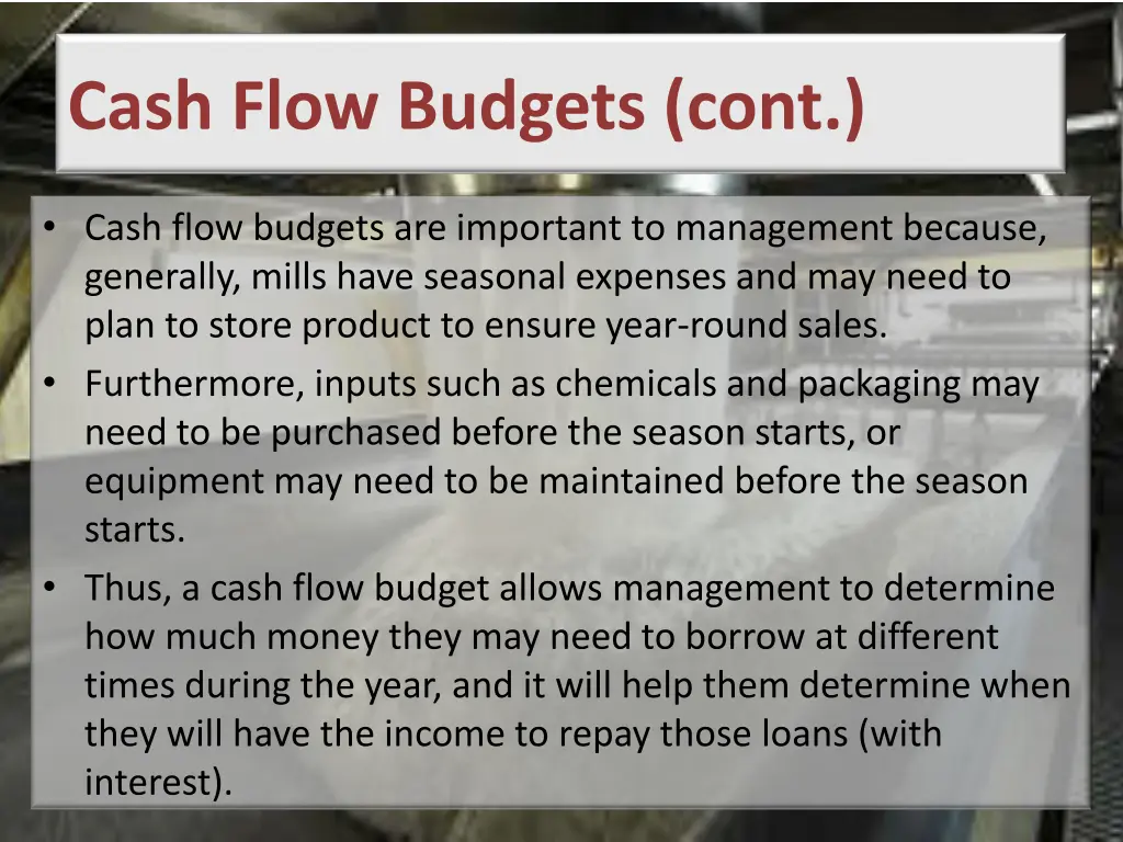cash flow budgets cont