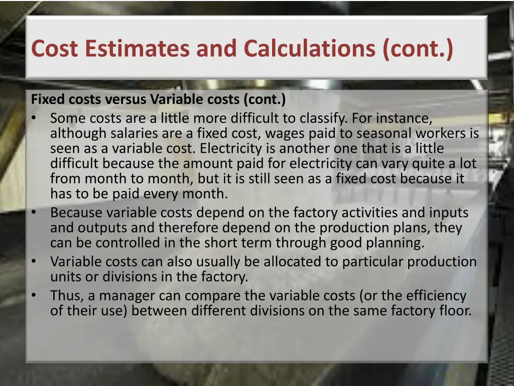 cost estimates and calculations cont